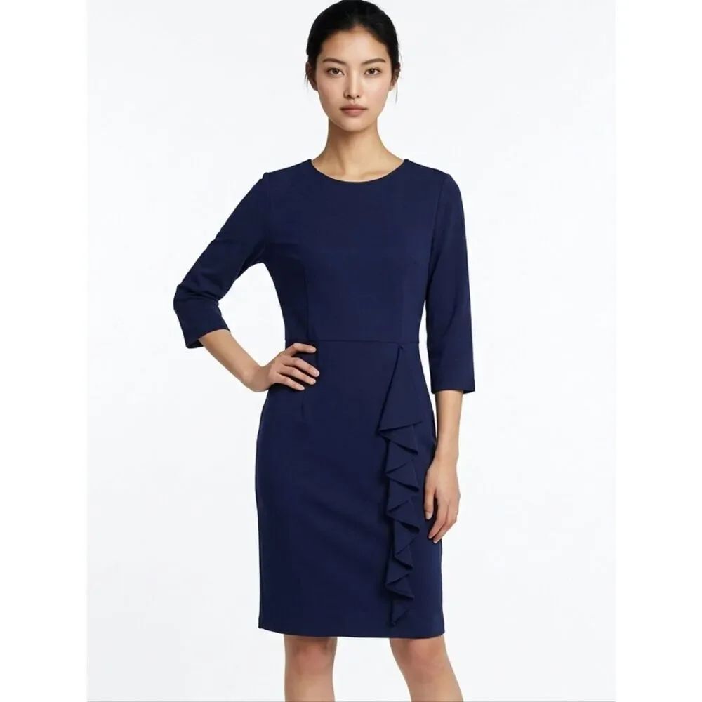 Oxiuli Fashion Navy Blue Cascading Ruffle 3/4 Sleeve Sheath Dress Size L